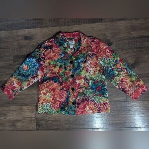 Chicos Bright & Colorful Artistic Floral Silk Blend Shacket Size XL Large Button